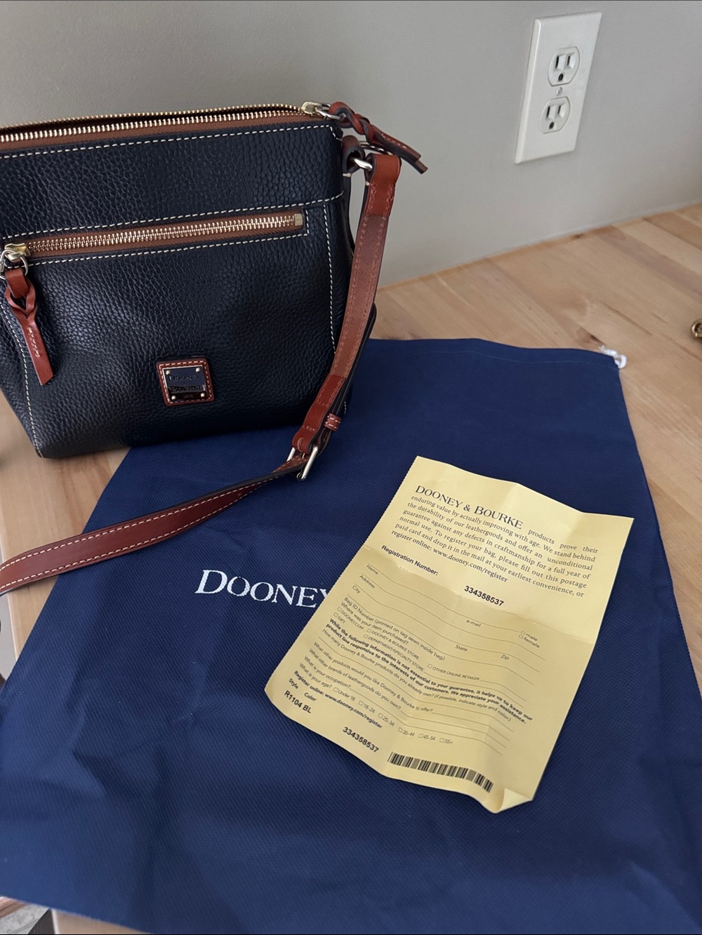 Dooney & Bourke Black Pebble Leather Crossbody with Brown Trim and Gold Hardware - Picture 6 of 6